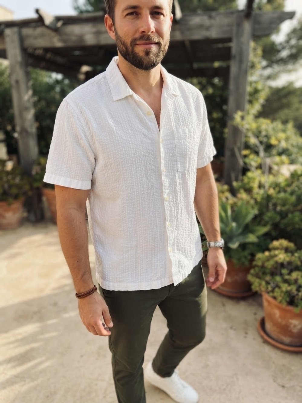 Jack & Jones Men's White Textured Seersucker Short Sleeve Camp Collar Shirt XL